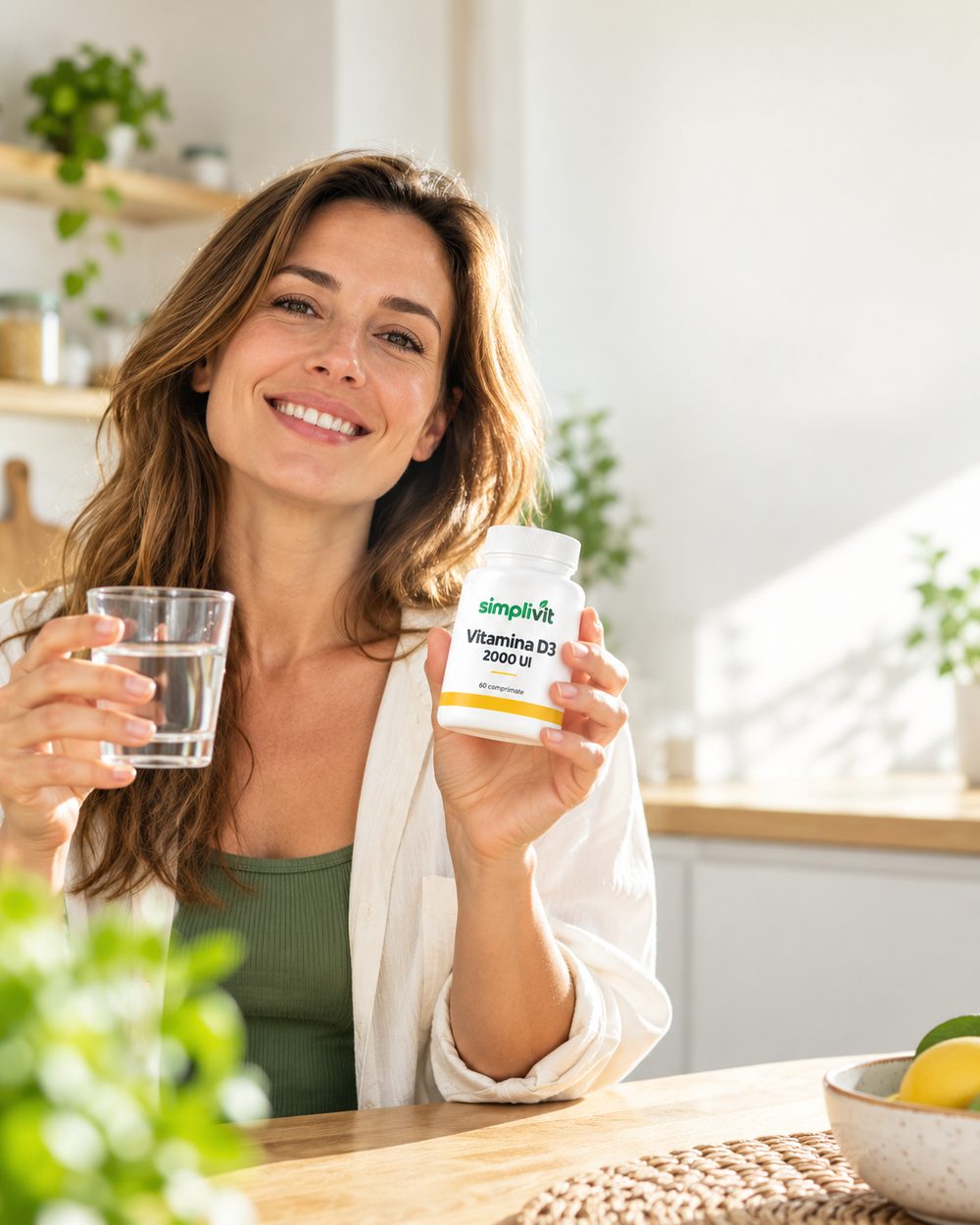 Femeie zâmbind, cu un pahar cu apă și un flacon Simplivit Vitamina D3